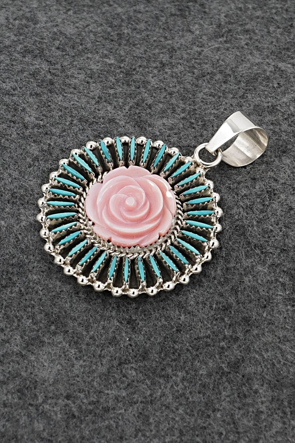 Turquoise, Pink Conch & Sterling Silver Pendant - Roland Francisco
