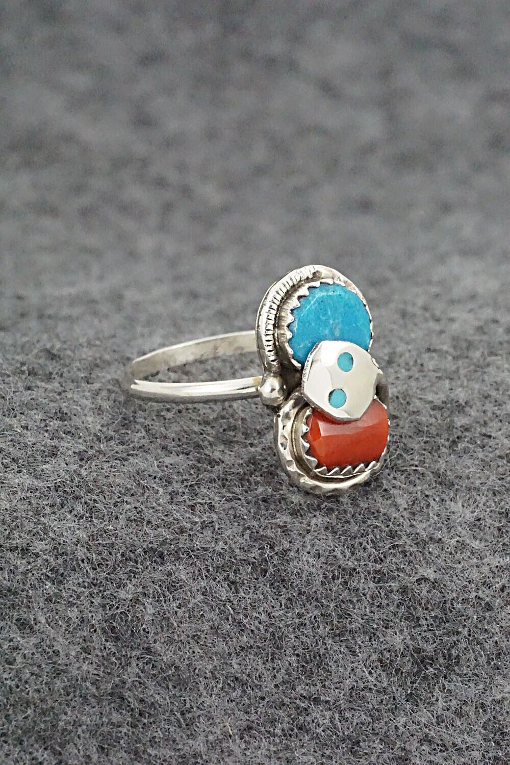 Turquoise, Coral & Sterling Silver Ring - Joy Calavaza - Size 8