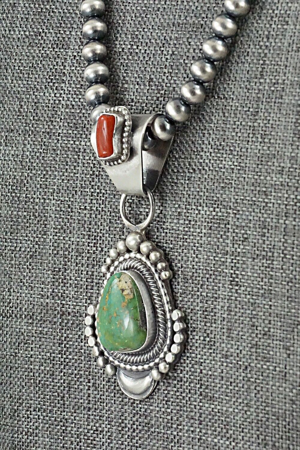 Turquoise, Coral & Sterling Silver Necklace - Tom Lewis