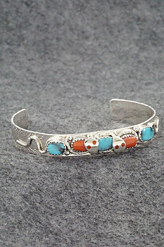 Turquoise, Coral & Sterling Silver Bracelet - Joy Calavaza