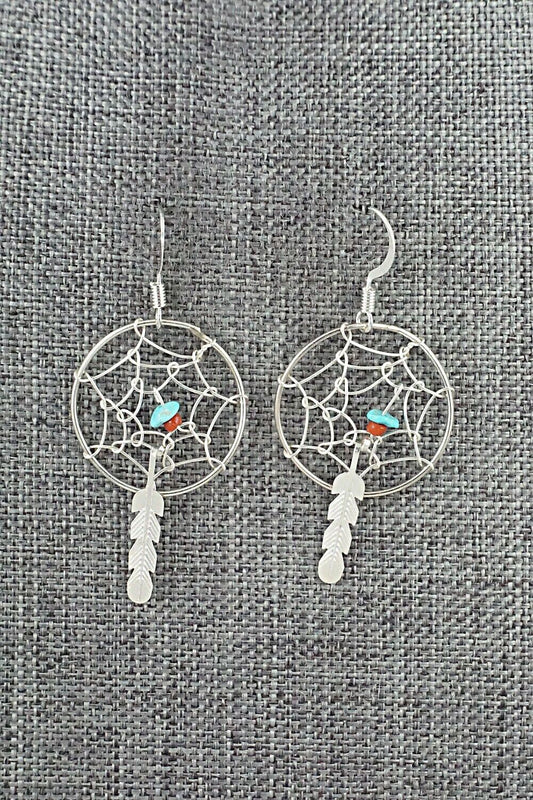 Turquoise, Coral & Sterling Silver Earrings - Helena Yazzie