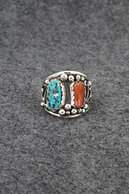 Turquoise, Coral & Sterling Silver Ring - Darrell Morgan - Size 9