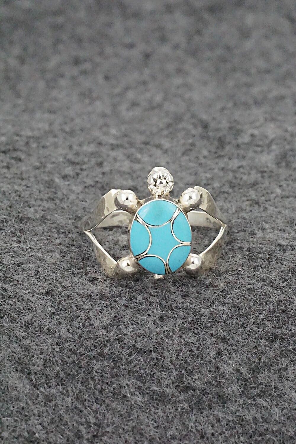 Turquoise & Sterling Silver Inlay Ring - Amelida Peynetsa - Size 8.5