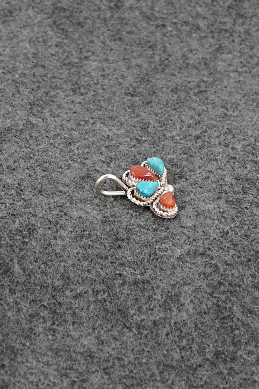 Coral, Turquoise & Sterling Silver Pendant - Huberta Lonjose