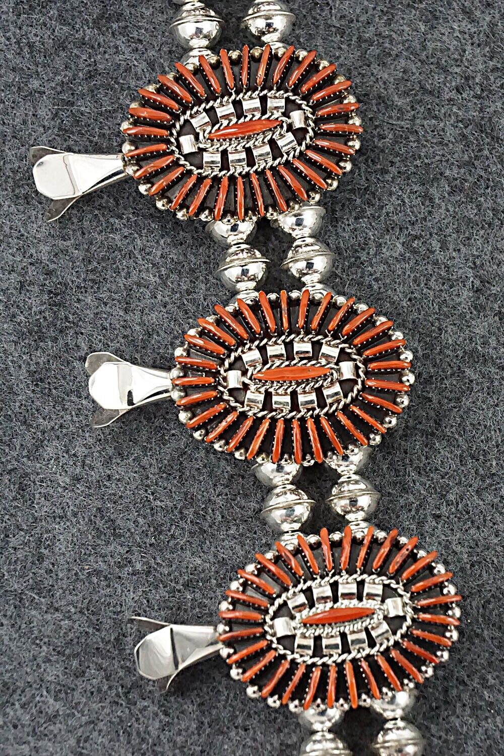 Coral & Sterling Silver Squash Blossom Set - Edmund Cooeyate
