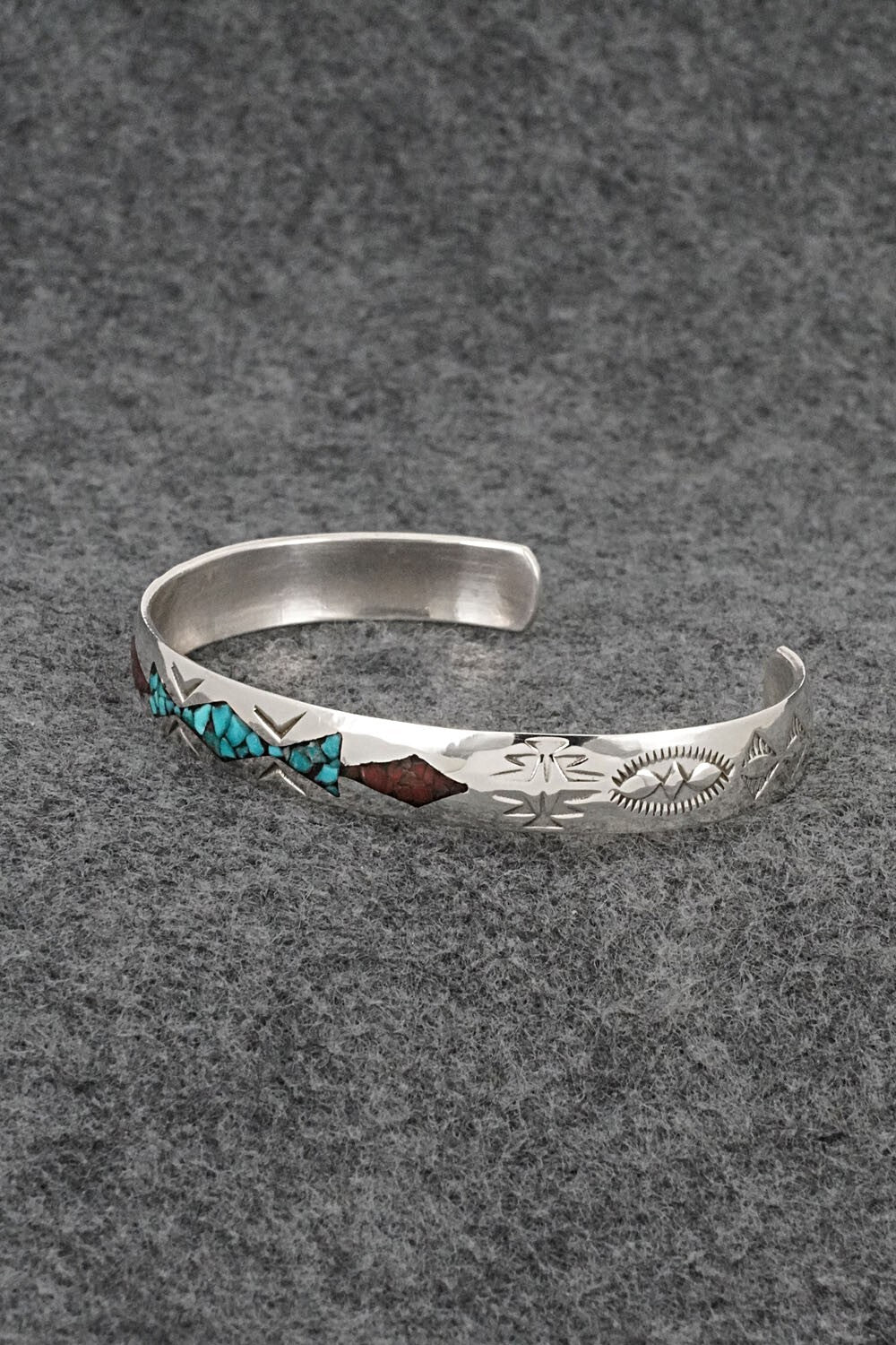 Turquoise, Coral Chip Inlay & Sterling Silver Bracelet - Joleen Yazzie