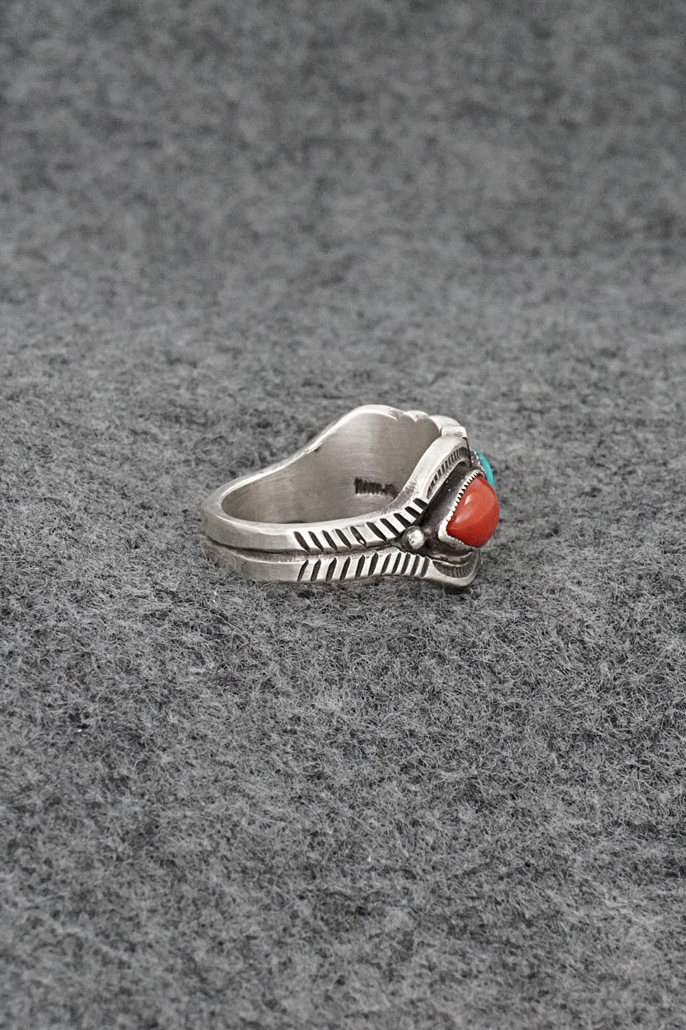 Turquoise, Coral & Sterling Silver Ring - Calvin Martinez - Size 9