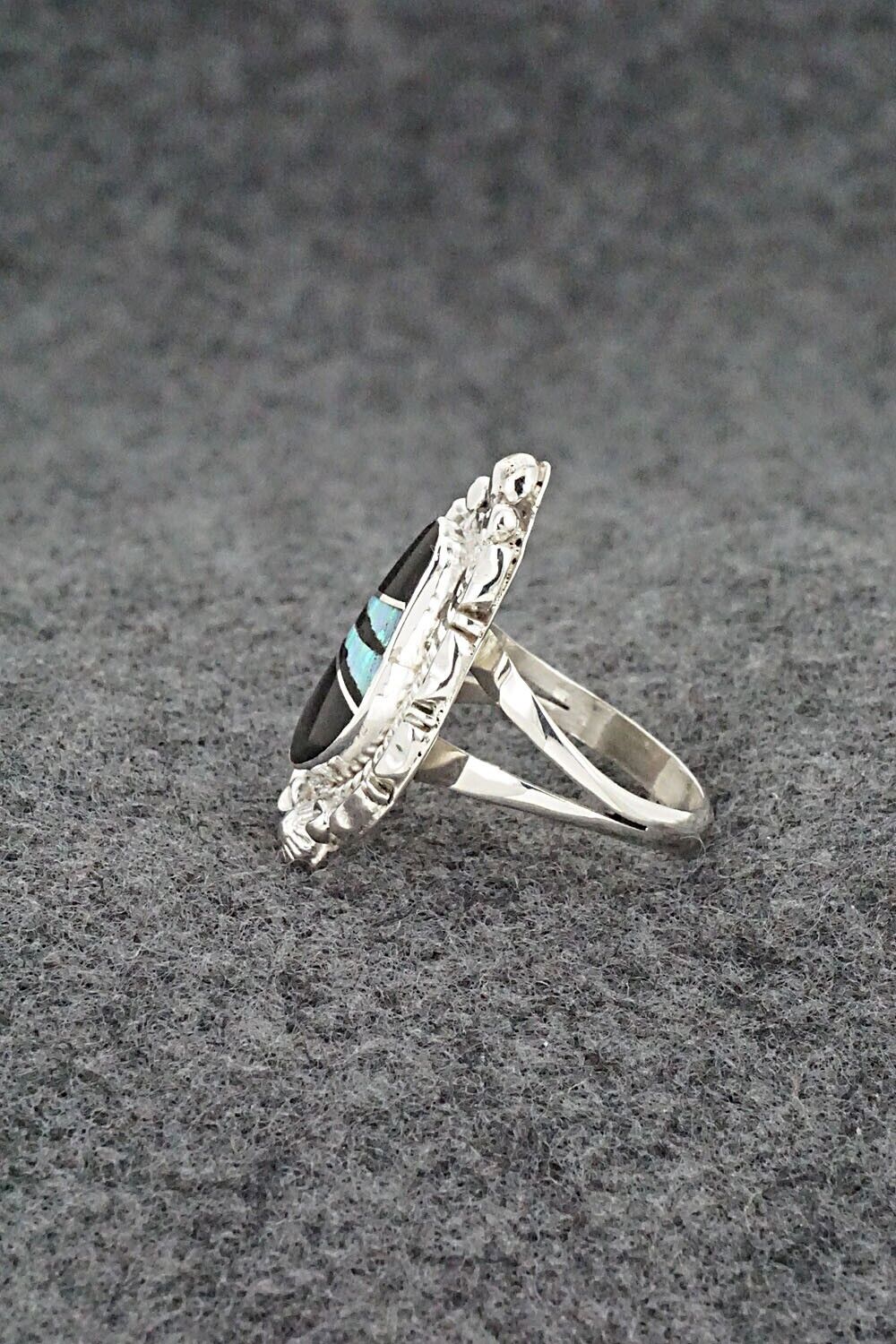 Onyx, Opalite & Sterling Silver Inlay Ring - James Manygoats - Size 7.25