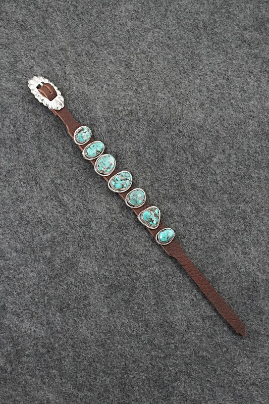 Turquoise, Sterling Silver & Leather Bracelet - Marlene Ramone