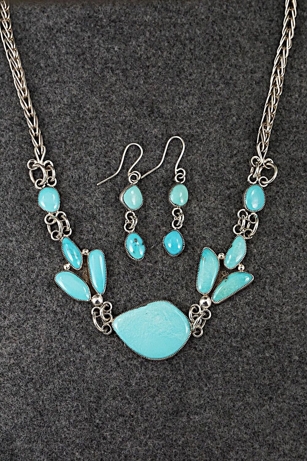 Turquoise & Sterling Silver Necklace and Earrings Set - Smokey Gchachu