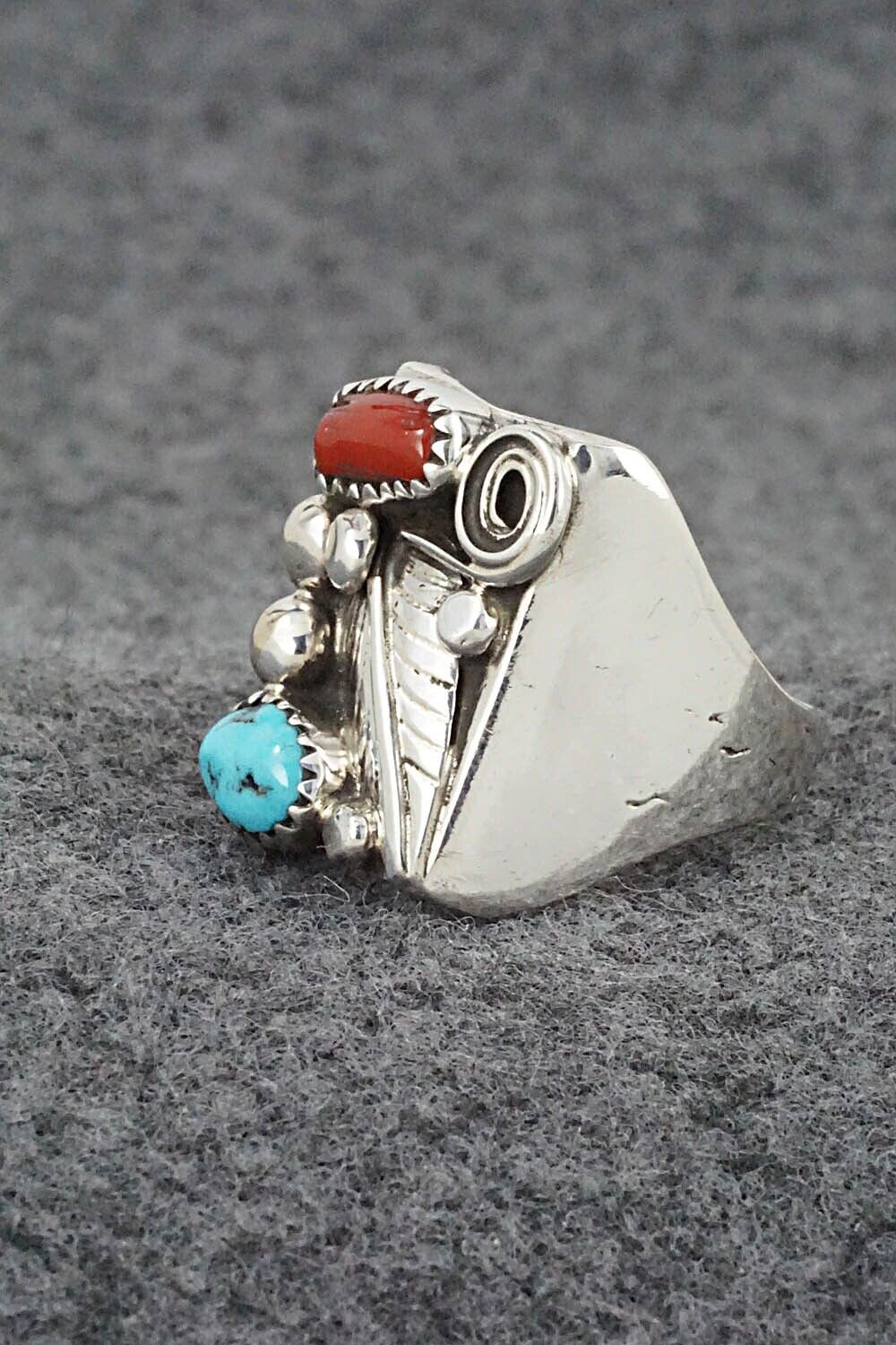 Coral, Turquoise & Sterling Silver Ring - Wilbur Myers - Size 9