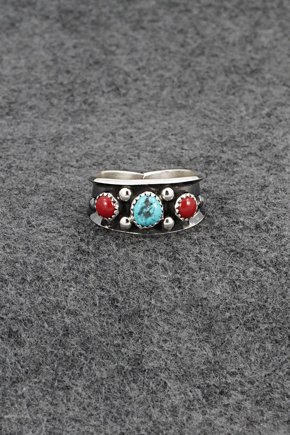 Turquoise, Coral & Sterling Silver Ring - Paul Largo - Size 11.75