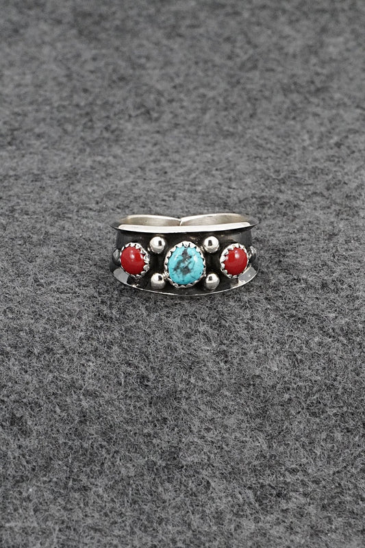 Turquoise, Coral & Sterling Silver Ring - Paul Largo - Size 11.75