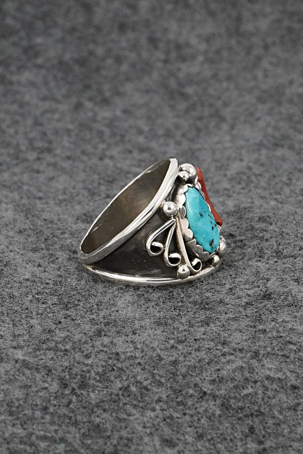 Turquoise, Coral & Sterling Silver Ring - Darrell Morgan - Size 12