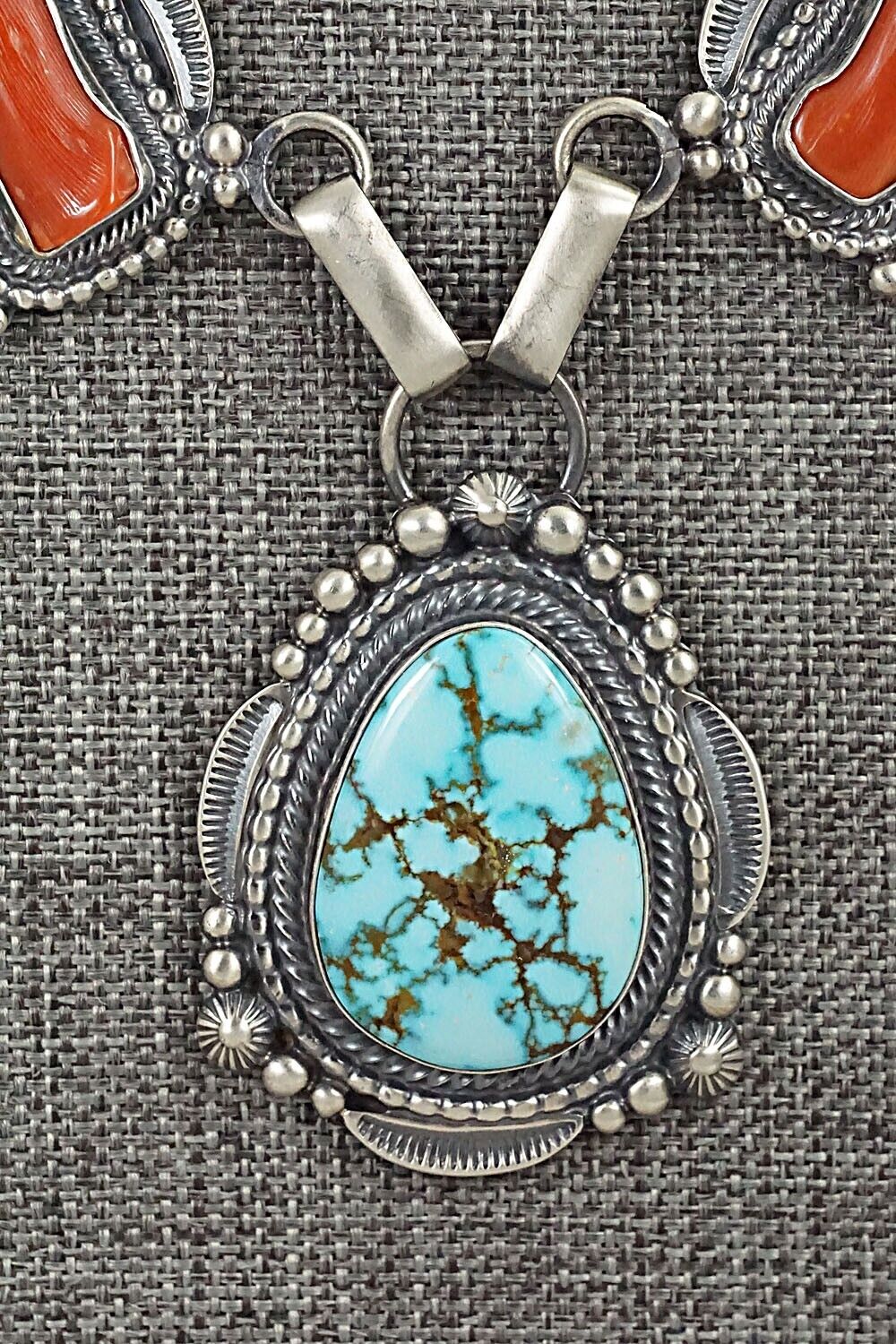 Turquoise, Coral & Sterling Silver Necklace and Earrings Set - Tom Lewis