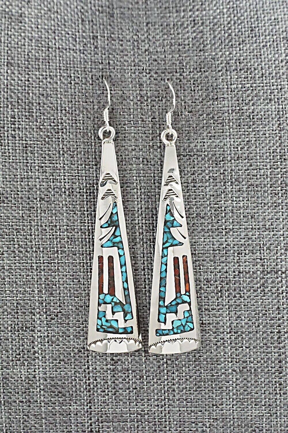 Turquoise, Coral & Sterling Silver Earrings - Jolene Yazzie