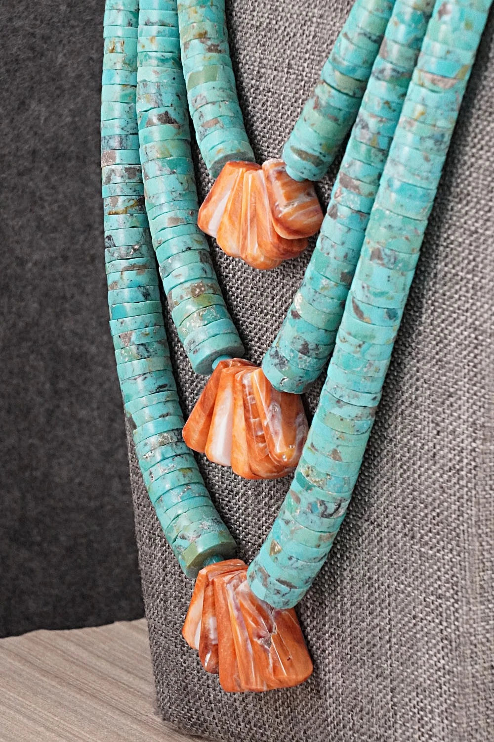 Turquoise, Spiny Oyster and Sterling Silver Necklace - Lupe Lovato