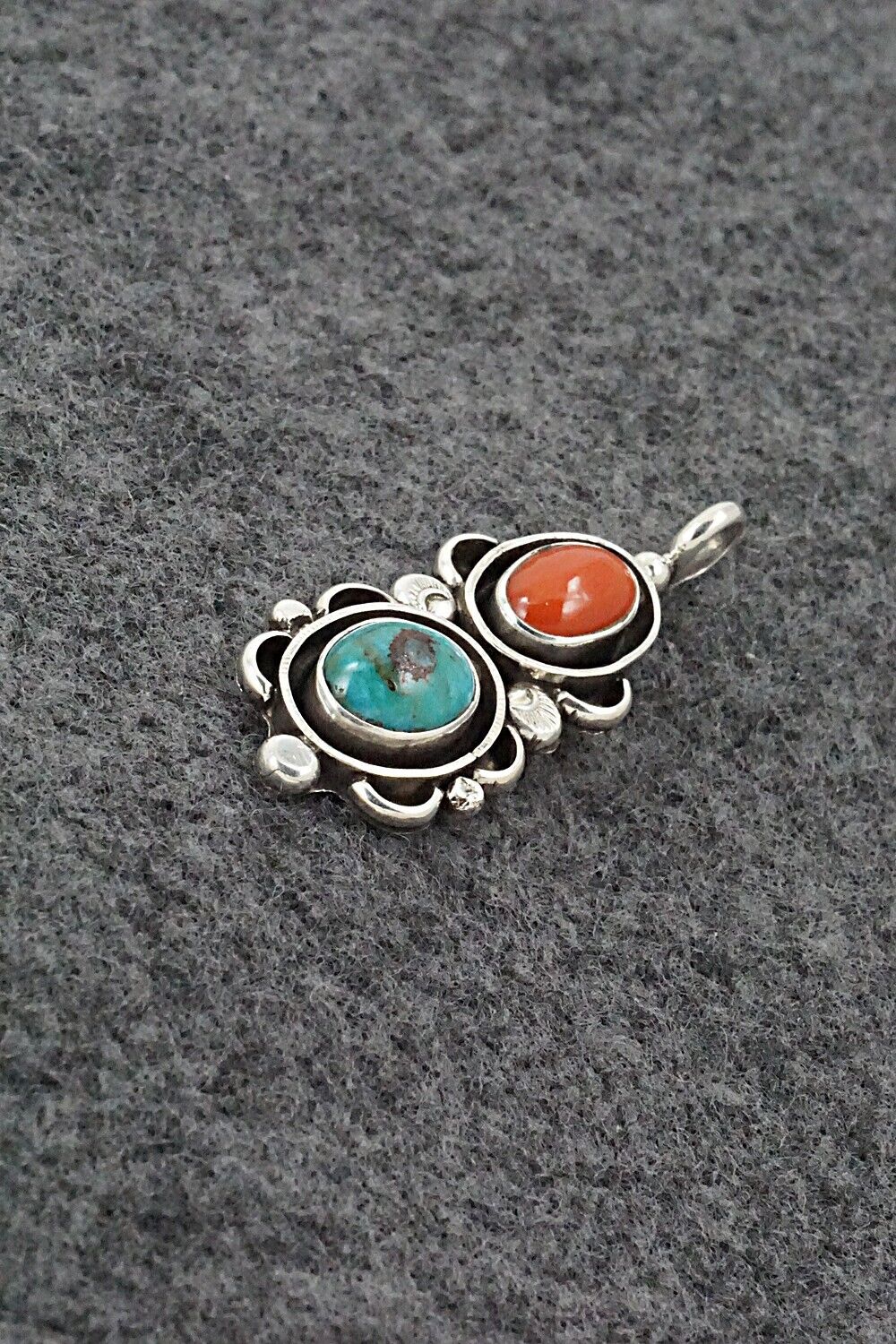 Turquoise, Coral & Sterling Silver Pendant - Roger Lewis