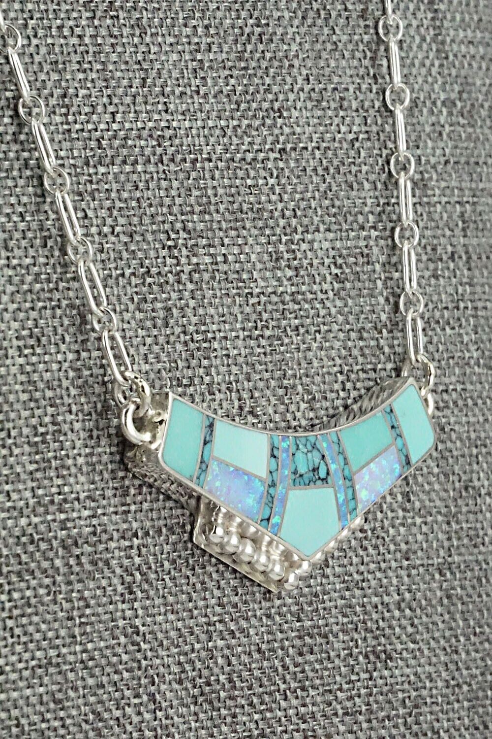Turquoise, Opalite & Sterling Silver Inlay Necklace - Curtis Manygoats