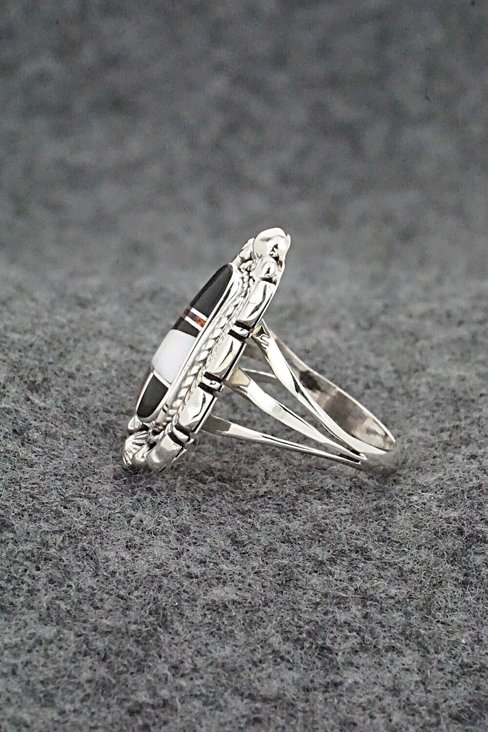White Buffalo, Onyx, Opalite & Sterling Silver Ring - James Manygoats - Size 8
