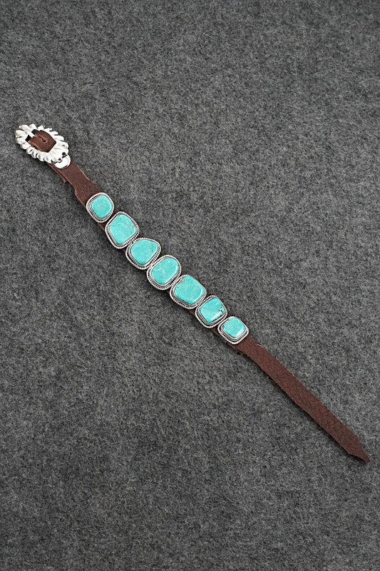 Turquoise, Sterling Silver & Leather Bracelet - Bonnie Willie