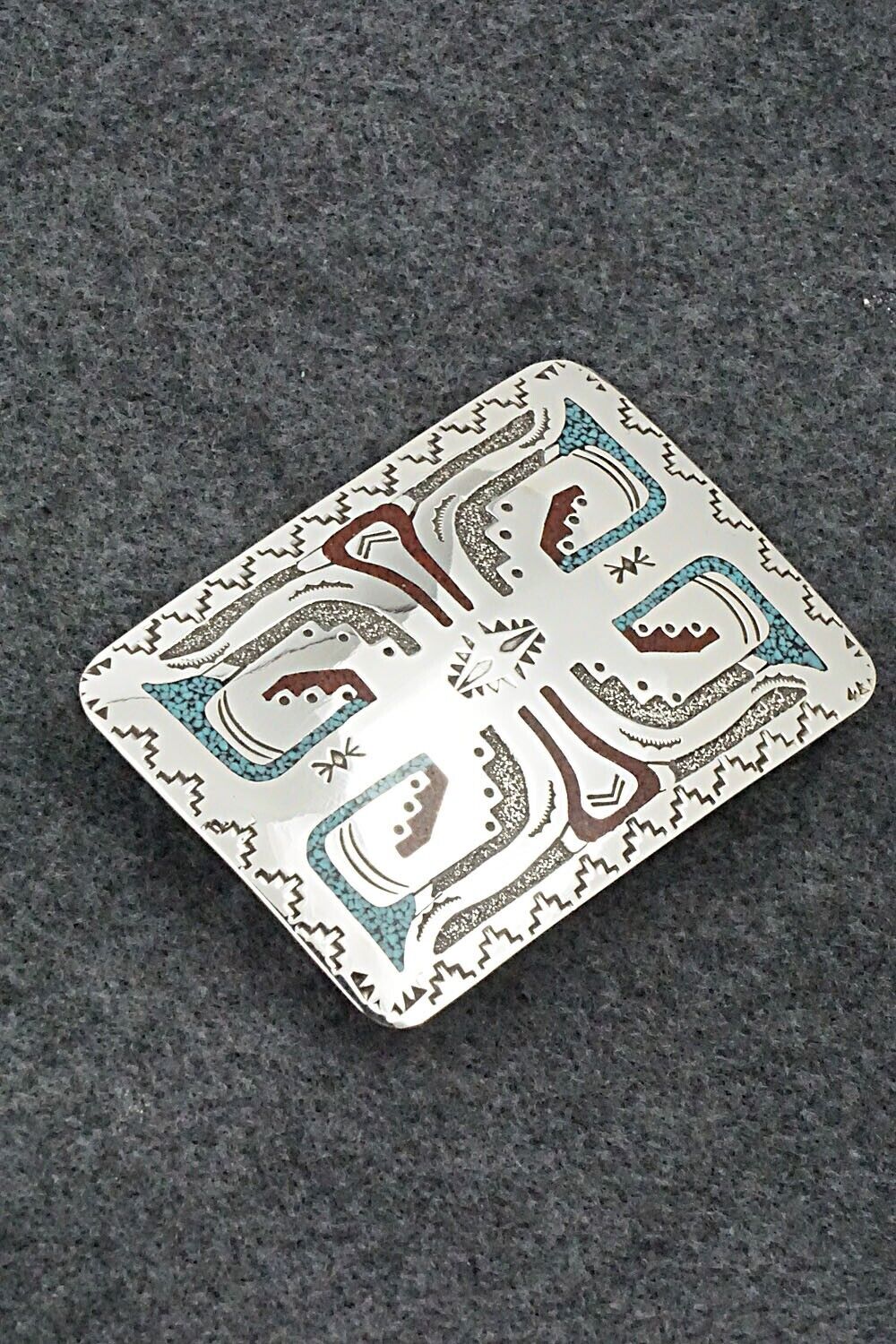 Turquoise, Coral Chip Inlay & Sterling Silver Belt Buckle - Raymond Begay