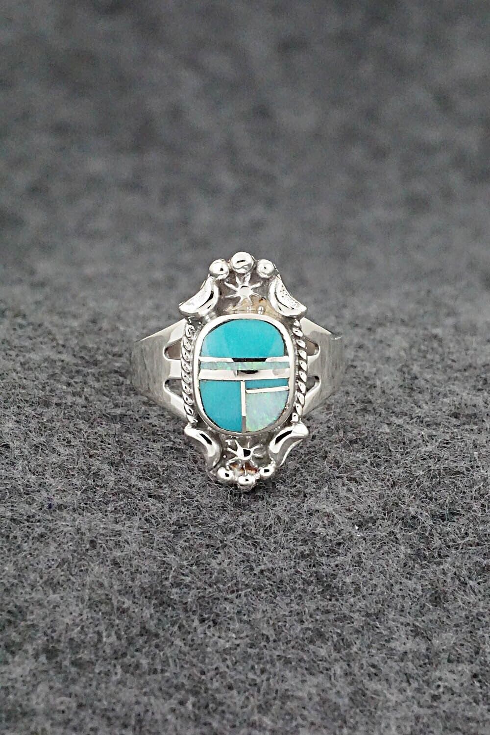 Turquoise, Opalite & Sterling Silver Inlay Ring - James Manygoats - Size 8