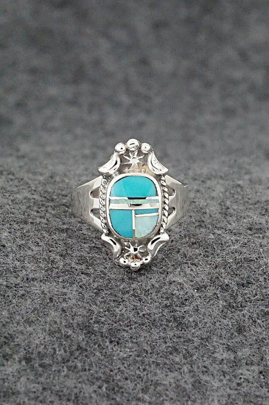 Turquoise, Opalite & Sterling Silver Inlay Ring - James Manygoats - Size 8