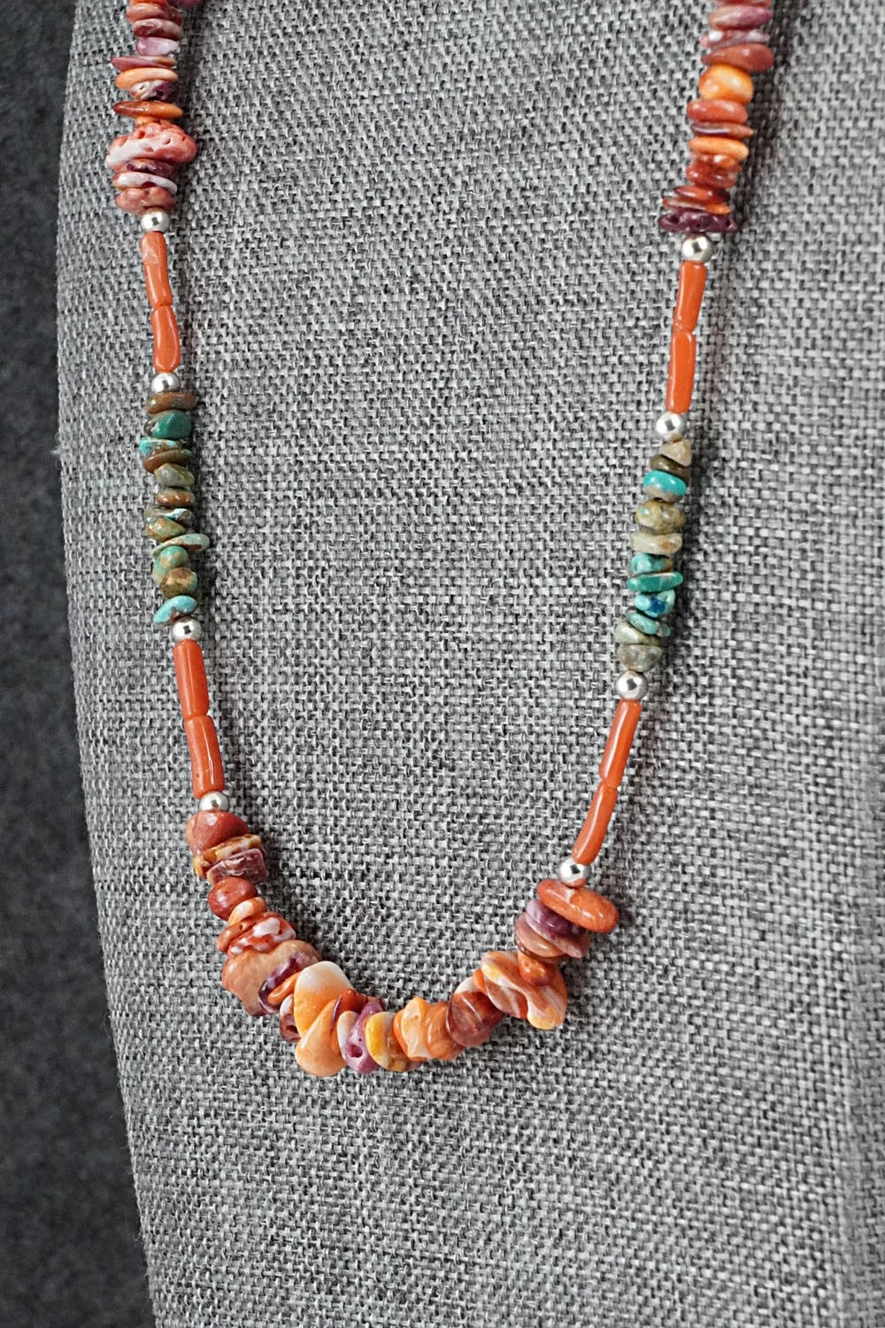 Spiny Oyster, Turquoise & Sterling Silver Necklace 22" - Erika Brown