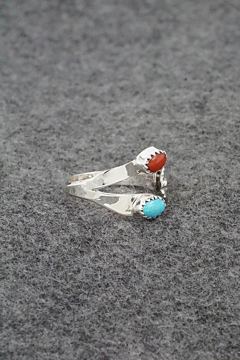 Turquoise, Coral & Sterling Silver Ring - Robert Martinez - Size 7