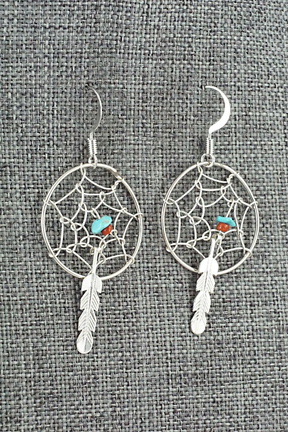 Turquoise, Coral & Sterling Silver Earrings - Helena Yazzie