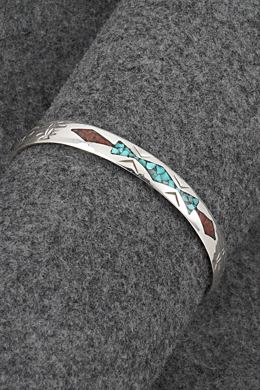 Turquoise, Coral Chip Inlay & Sterling Silver Bracelet - Joleen Yazzie