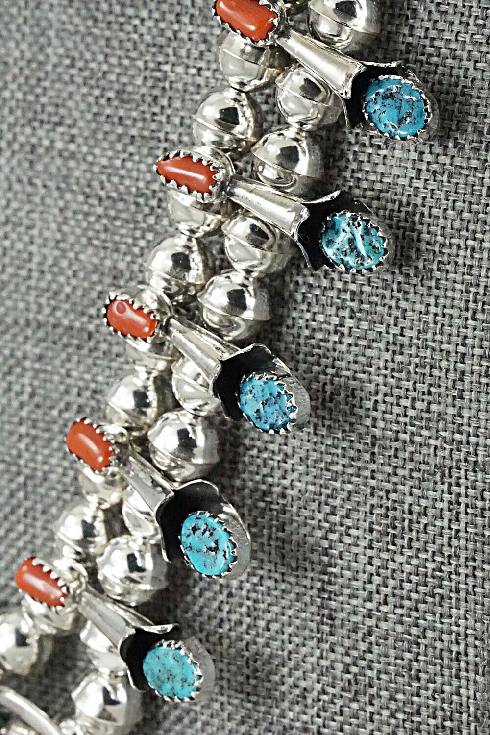 Turquoise, Coral & Sterling Silver Squash Blossom Set - Phil Garcia