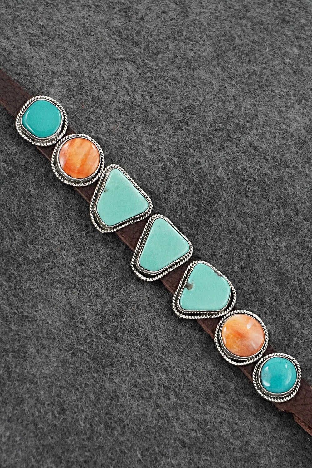 Turquoise, Spiny Oyster, Sterling Silver & Leather Bracelet - Marlene Ramone
