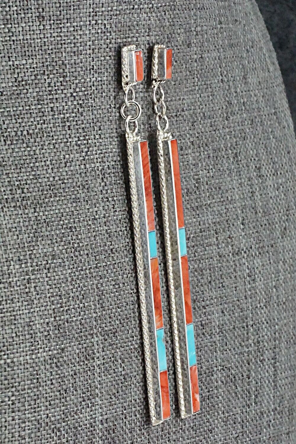 Turquoise, Spiny Oyster & Sterling Silver Inlay Earrings - Ricky Booqua