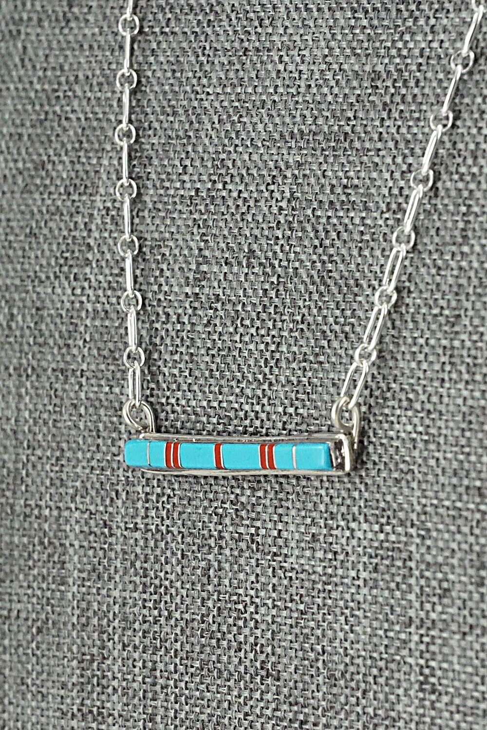 Turquoise, Coral & Sterling Silver Inlay Necklace - Roland Natachu