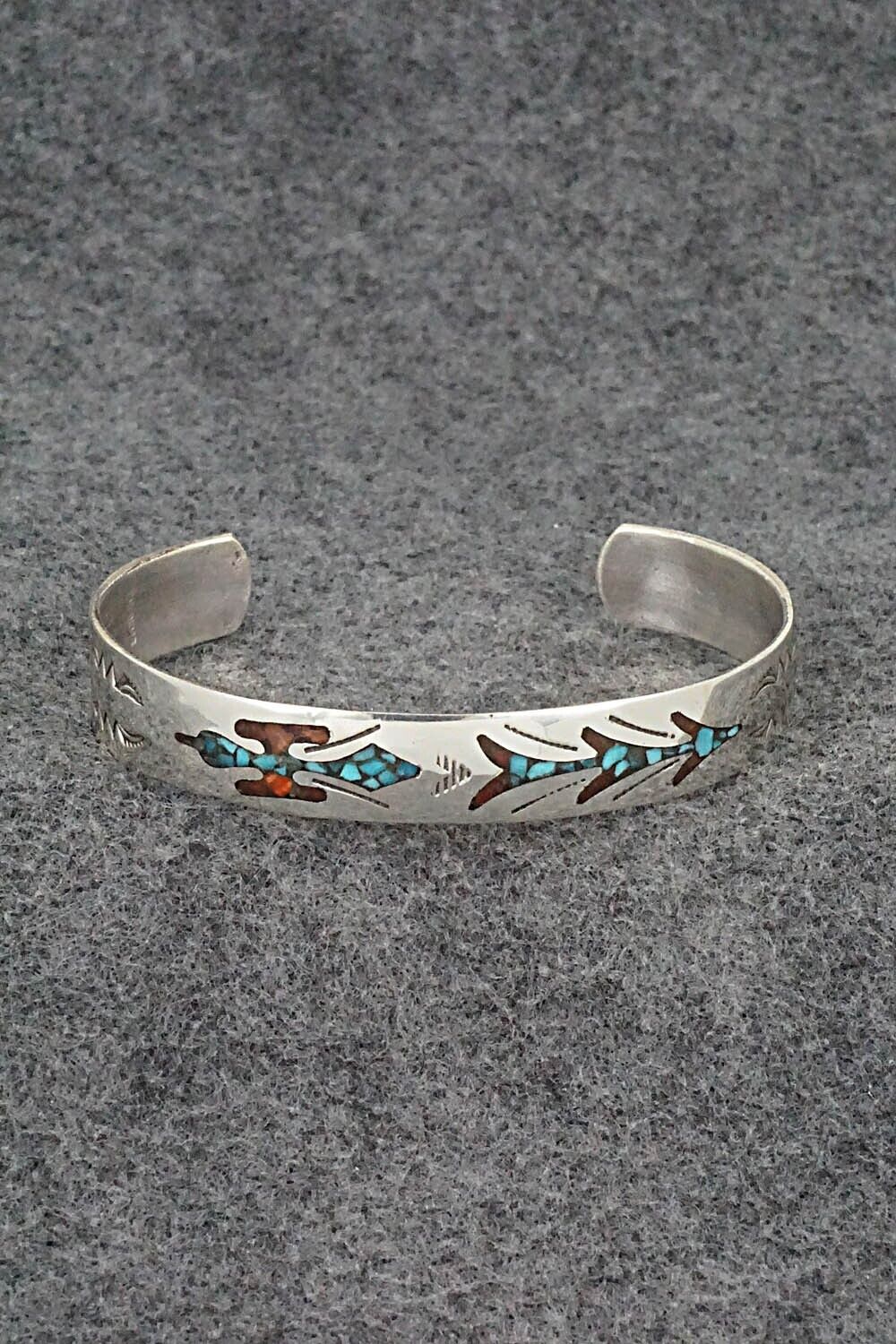 Turquoise, Coral Chip Inlay & Sterling Silver Bracelet - Joleen Yazzie