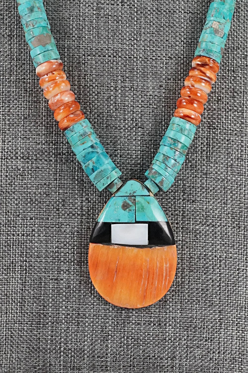 Turquoise, Spiny Oyster and Sterling Silver Necklace - Lupe Lovato