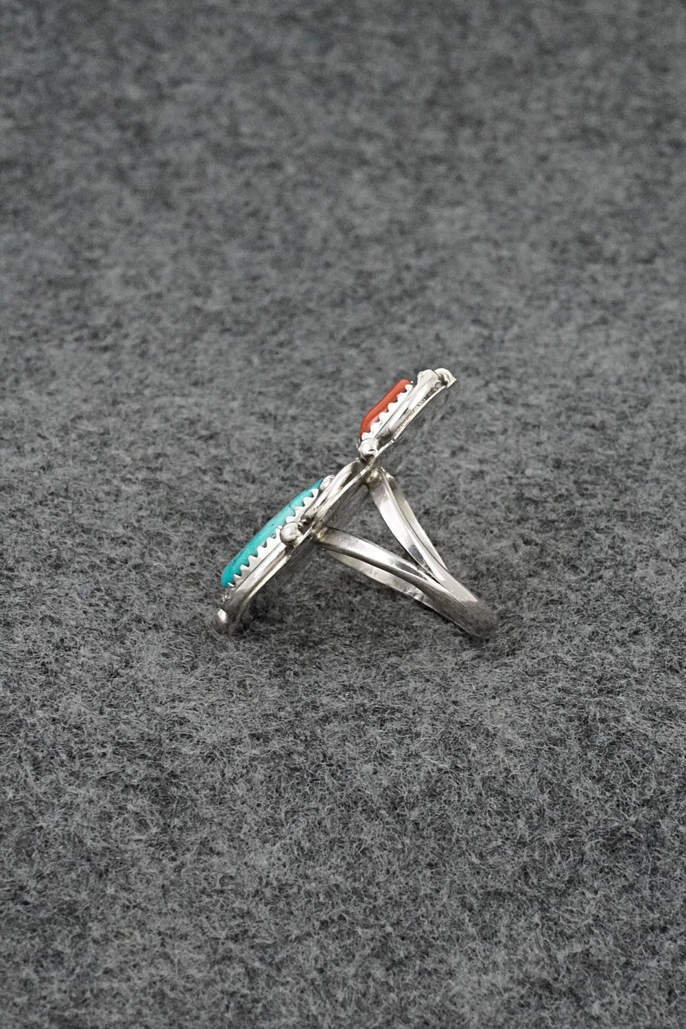 Turquoise, Coral & Sterling Silver Ring - Herbert Begaye - Size 6.5