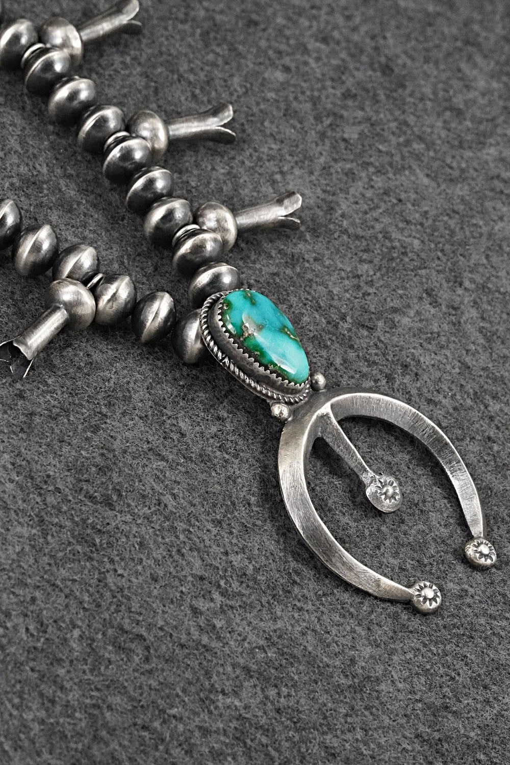 Turquoise & Sterling Silver Navajo Pearl Squash Blossom Necklace - Presley Haley