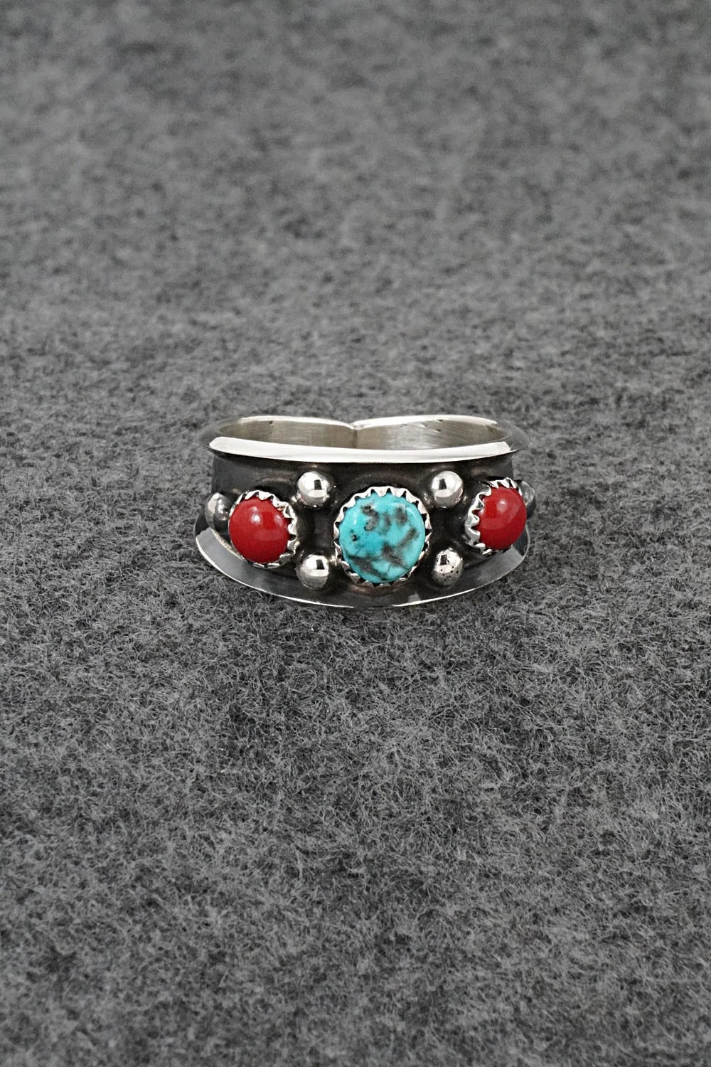 Turquoise, Coral & Sterling Silver Ring - Paul Largo - Size 11