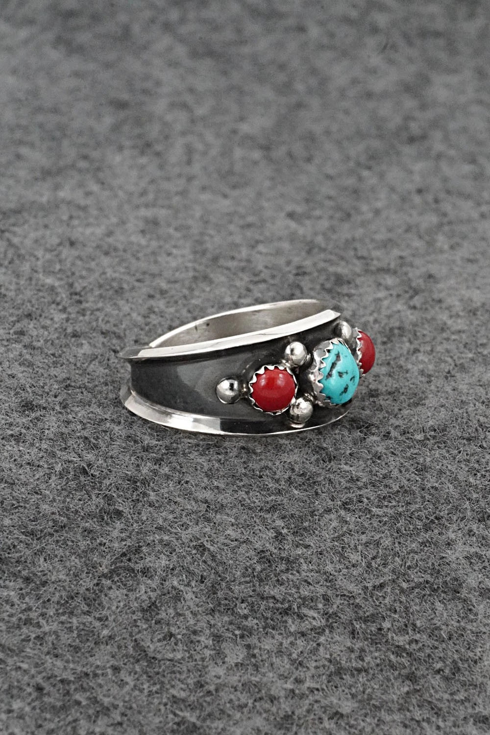 Turquoise, Coral & Sterling Silver Ring - Paul Largo - Size 12