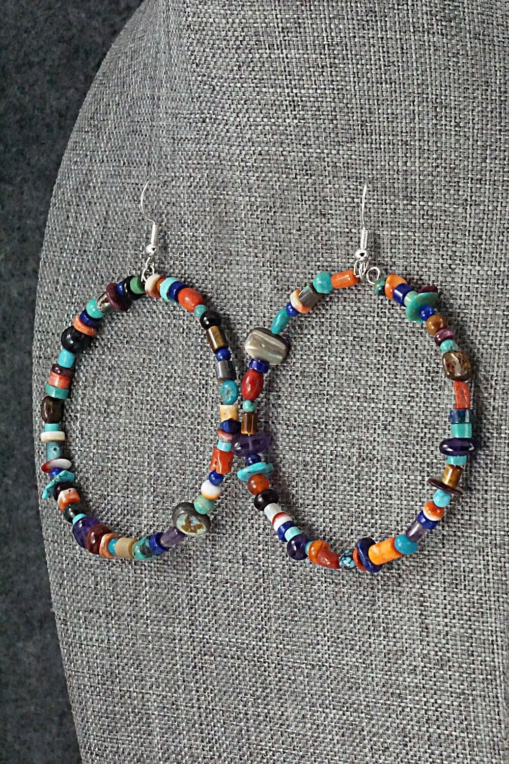 Multi Stone & Sterling Silver Hoop Earrings - Helen Tsosie