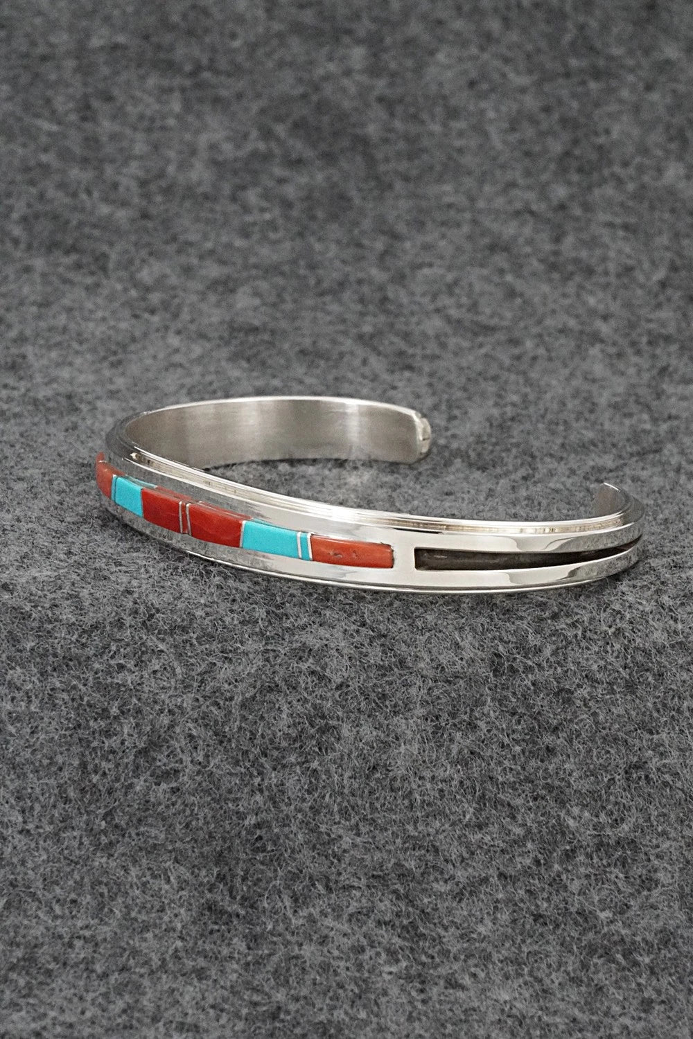 Turquoise, Coral Inlay & Sterling Silver Bracelet - Wilbert Muskett
