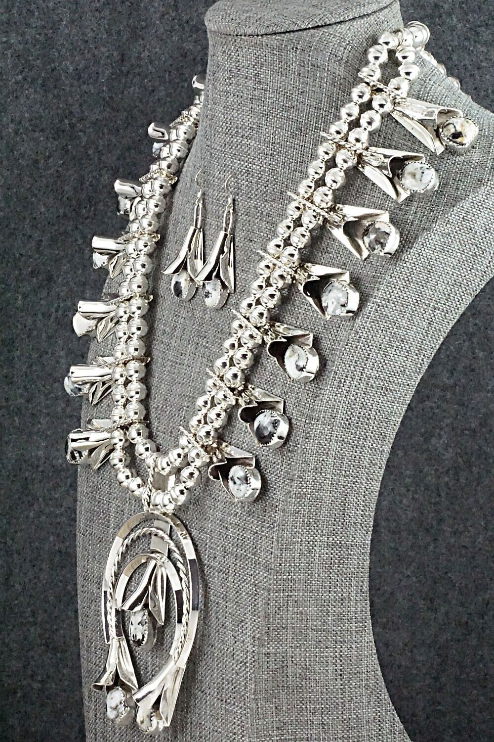 White Buffalo & Sterling Silver Squash Blossom Set - Louise Yazzie