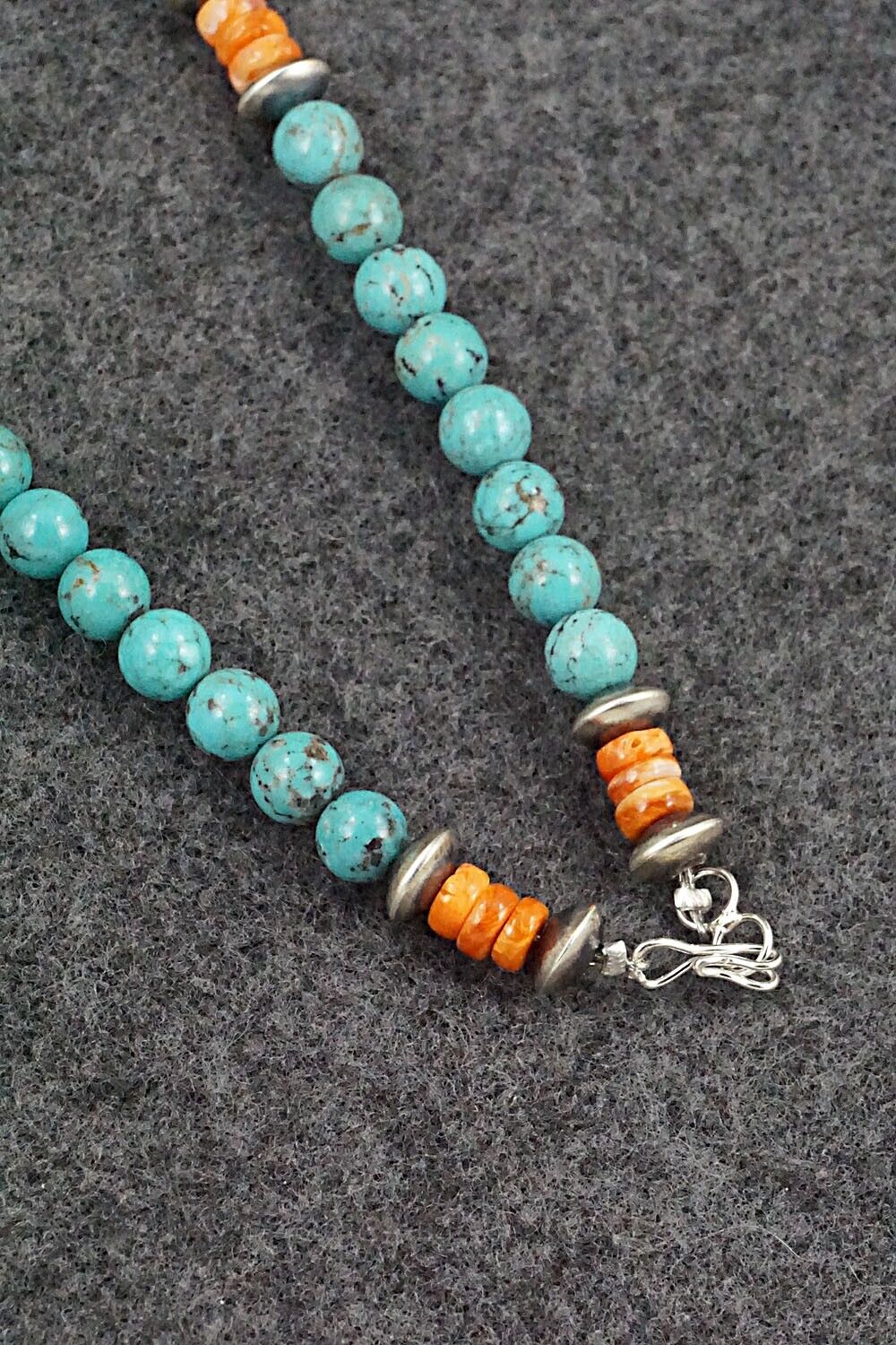 Turquoise, Spiny Oyster & Sterling Silver Necklace 20" - Doreen Jake