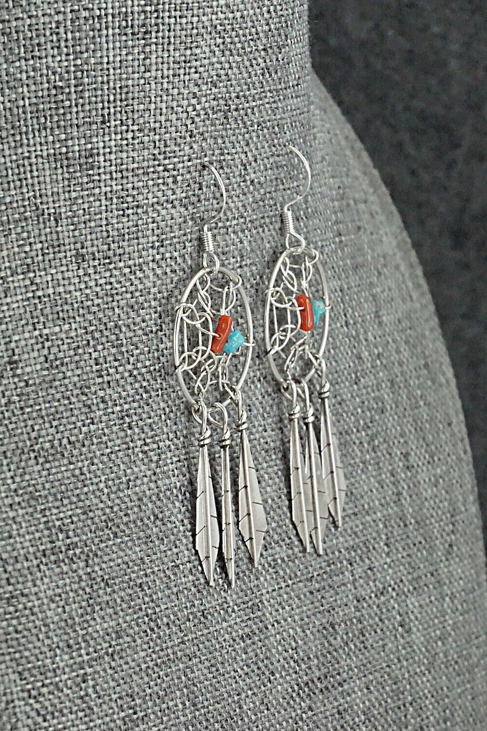 Turquoise, Coral & Sterling Silver Earrings - Lorenzo Arviso Jr.