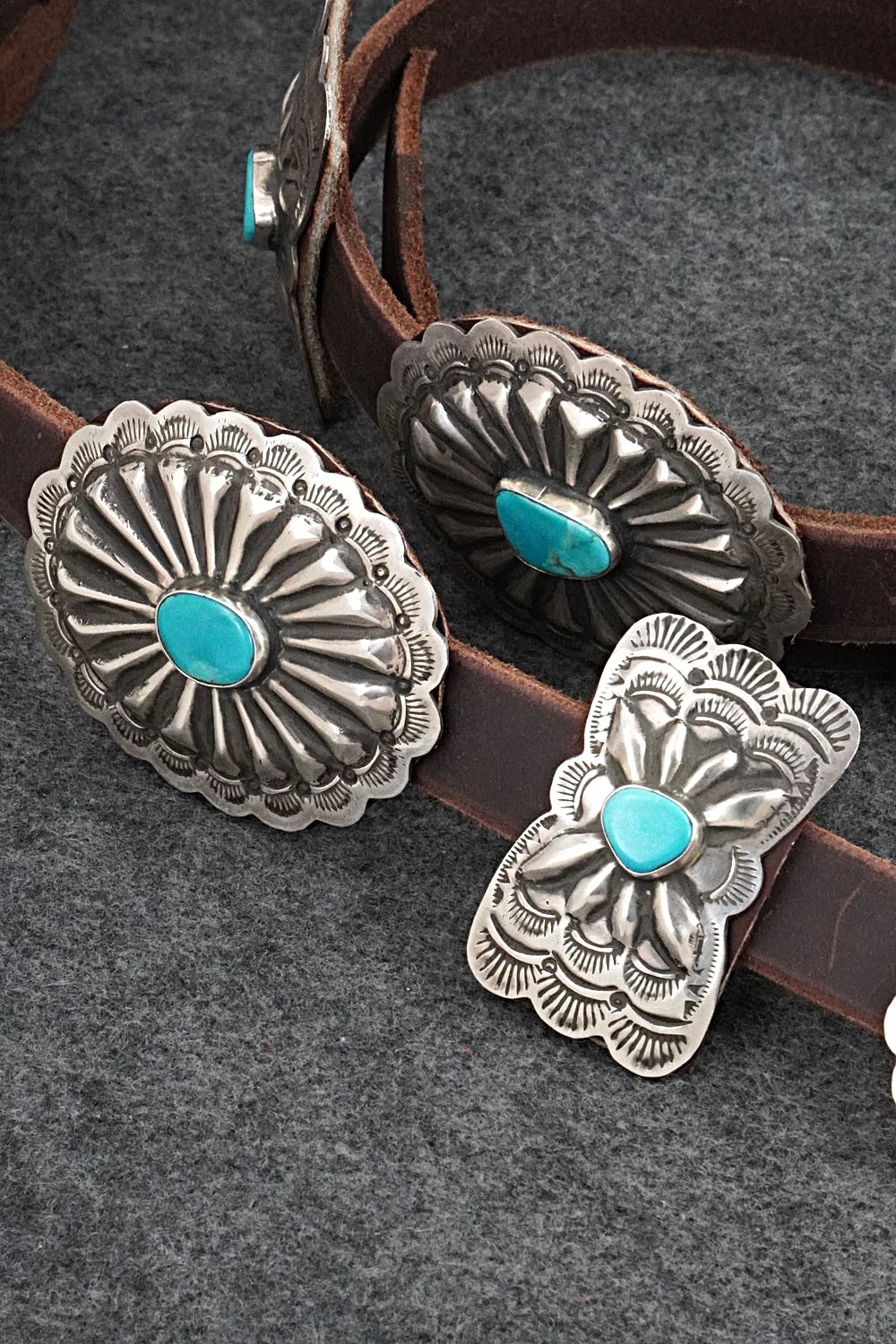 Turquoise, Sterling Silver & Leather Concho Belt - Marilyn Ramone