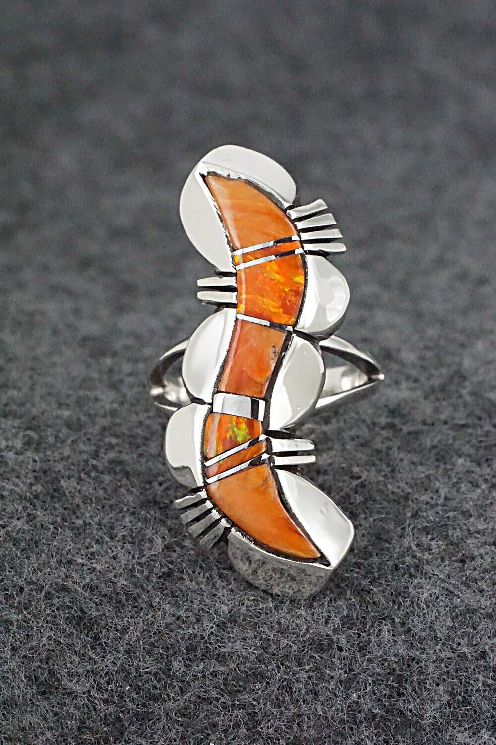 Spiny Oyster, Opalite & Sterling Silver Inlay Ring - James Manygoats - Size 6