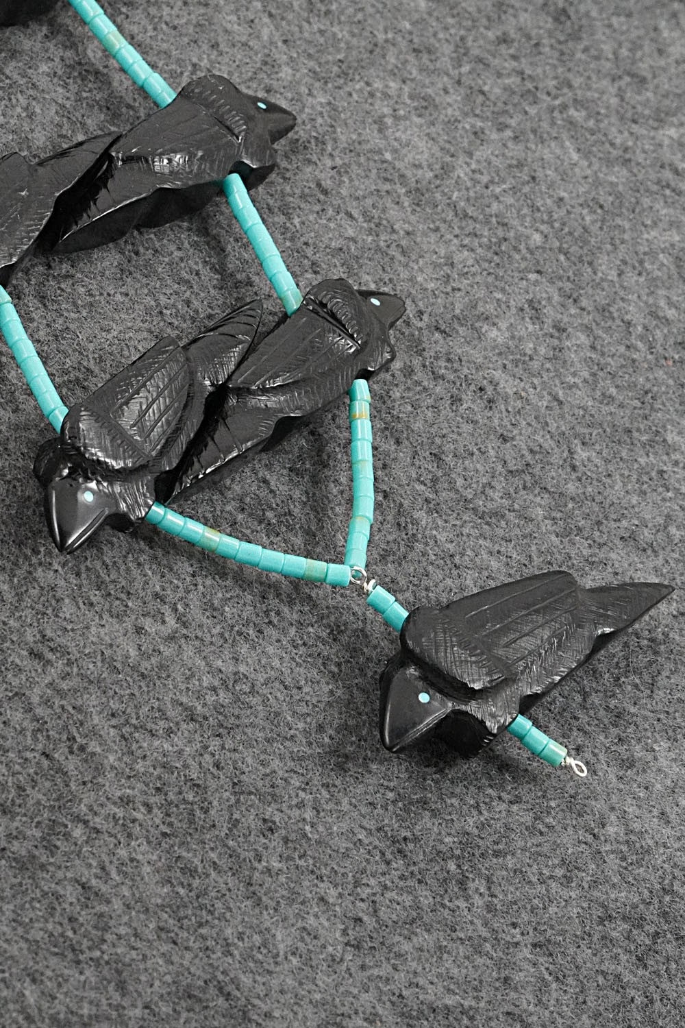 Turquoise, Jet Zuni Fetish & Sterling Silver Necklace Set - Herbert Halate